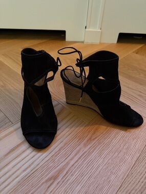 Aquazzura Black Suede Lace-Up Cutout Wedge Sandals